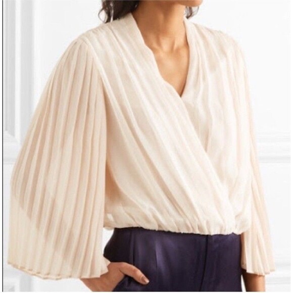 Alice + Olivia Axel Cross Front Top 100% Silk Pleated Sleeves Blouse Champagne M - Picture 1 of 16